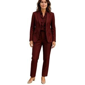 Vintage Anne Klein 3-Piece Burgundy Suit Silk Blouse Blazer Pants Set Sz 0